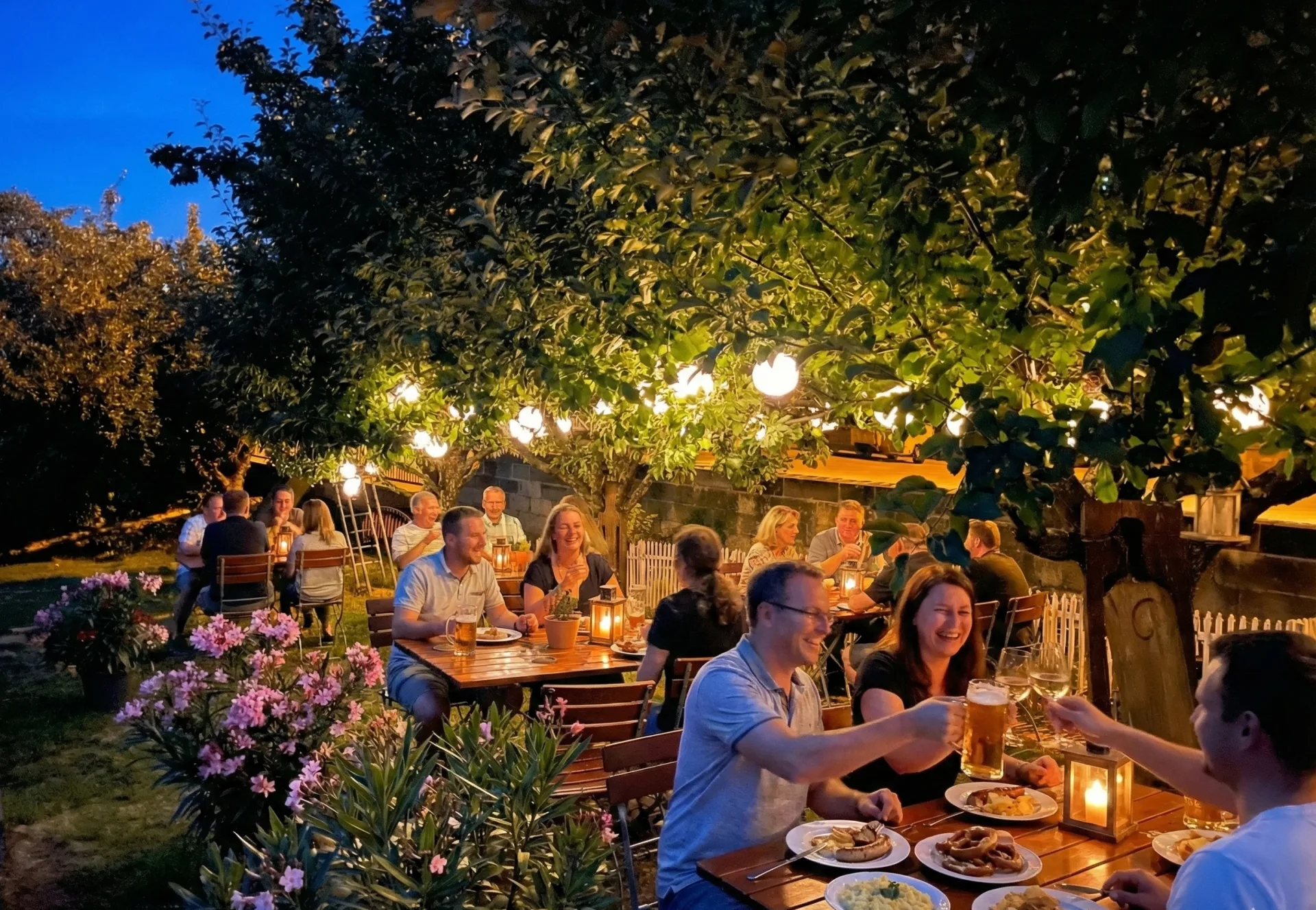Geselliger Abend im Biergarten unter Lichterketten – Gäste stoßen mit Bier an