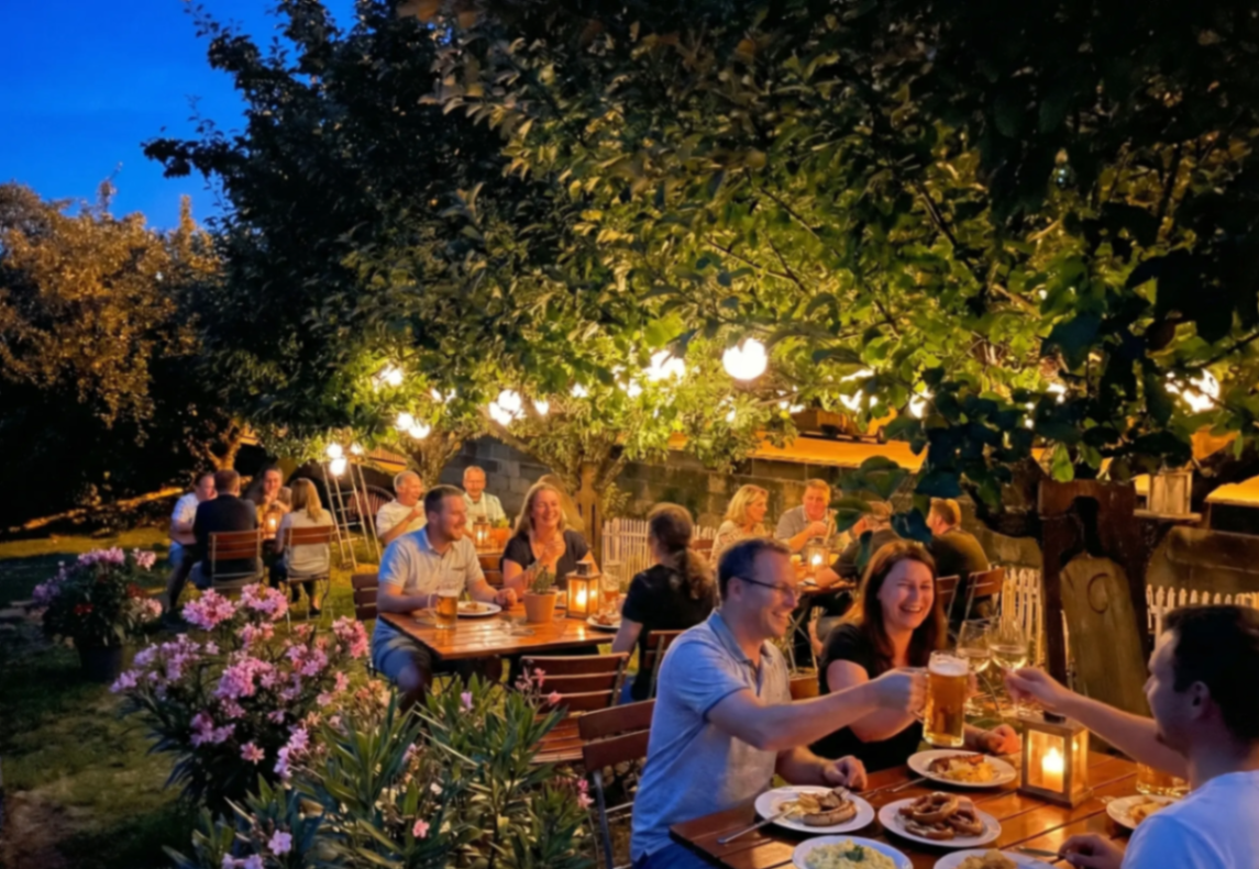 Stimmungsvoller Biergarten am Abend mit Gästen unter Lichterketten