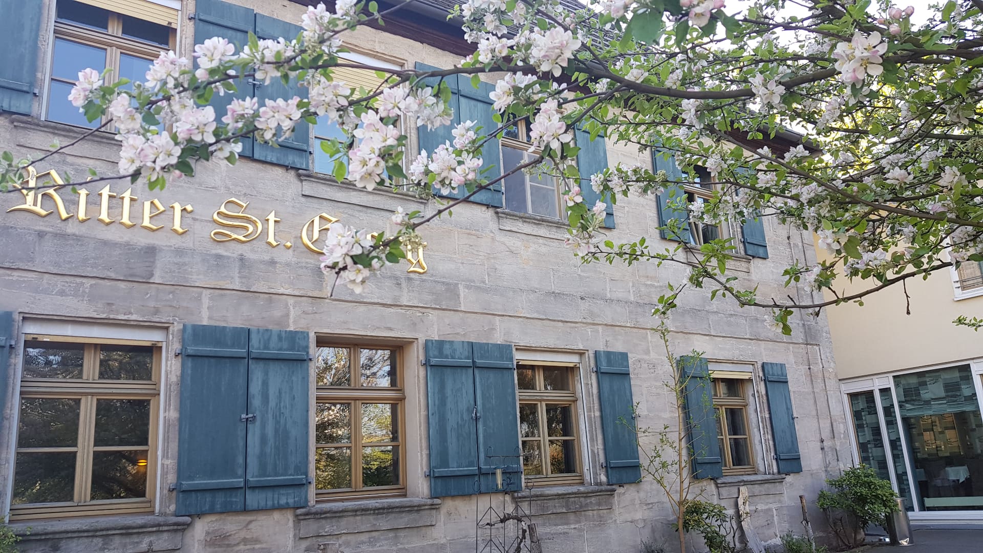 Historische Sandstein-Fassade mit Frühlingsblüten – Gasthof Ritter St. Georg Erlangen