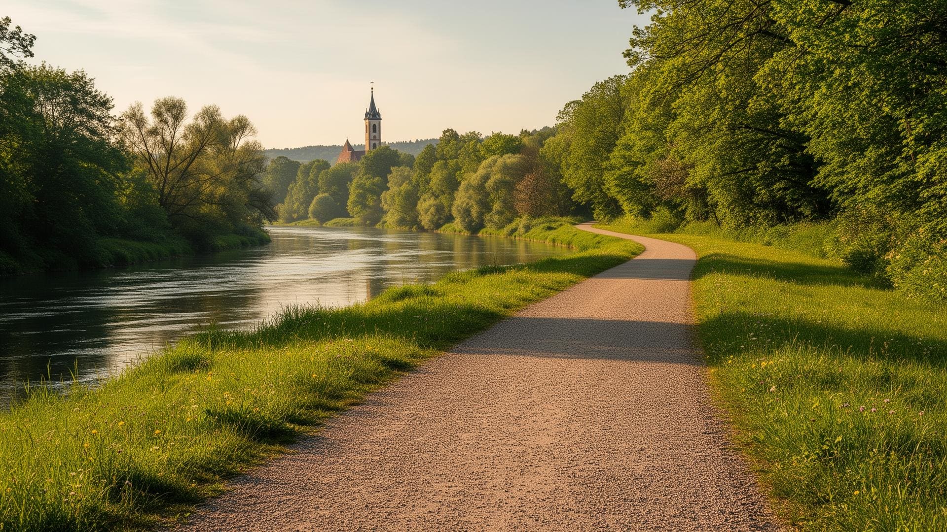 Radweg entlang der Regnitz bei Erlangen mit Blick auf eine Kirche im Hintergrund
